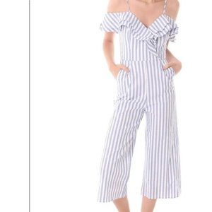 Main Strip Blue White Stripe Ruffle Off Shoulder Romper Jumpsuit size Small